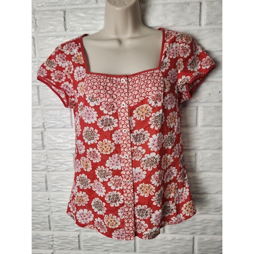 Boden Floral Button Down Top Short Sleeve Red Flowers Women's size 8 Blouse